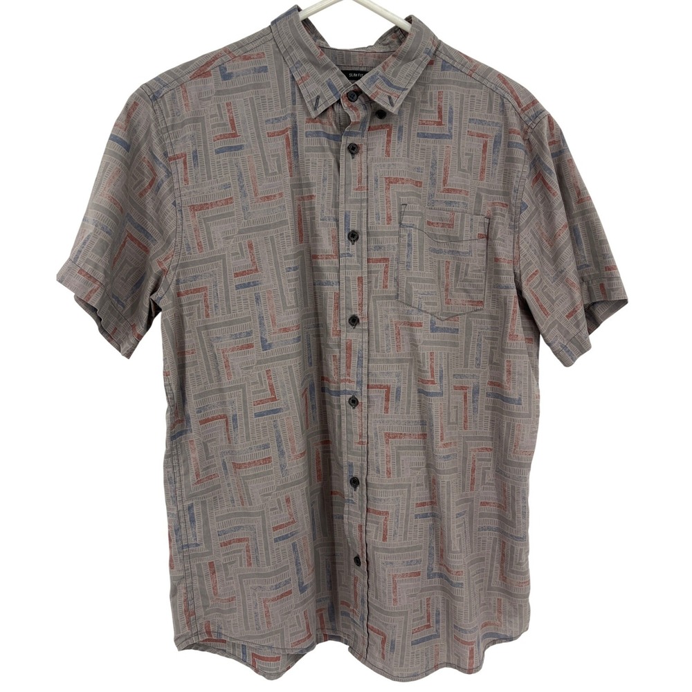 prAna Short Sleeve Button Down Mens LRG Gray Excellent Slim Fit Geometric Print